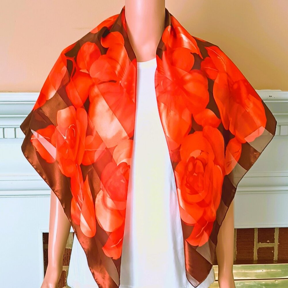 Perry Ellis Square Floral Scarf 40" x 40" Women's Orange & Brown Silky Feel - Picture 5 of 10